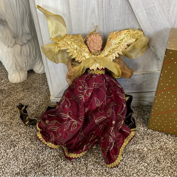 Vintage Dillards Porcelain Flying Angel Christmas Ornament 10” Maroon Gold - Picture 7 of 8
